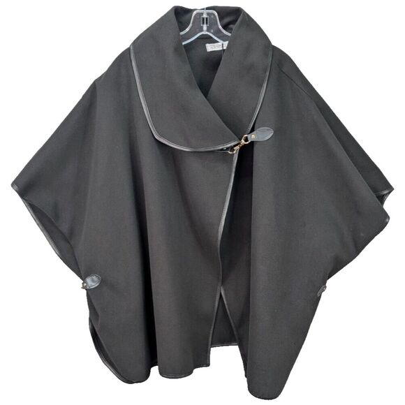 Made in‎ Italy Cape Womens Wool Blend Leather Trim Metal Clasp Boho Elegance Lux - Picture 1 of 12